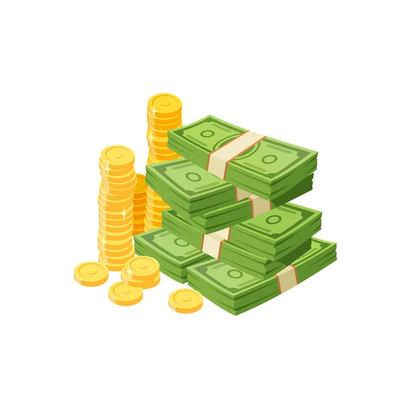 Χαρτονομίσματα Κινούμενα Σχέδια Και Χρυσά Νομίσματα Πράσινες Στοίβες Διανυσματικών Δολαρίων — Διανυσματικό Αρχείο