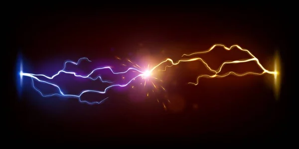 稲妻対雷 対立する落雷青と燃える閃光 電気エネルギー放電輝き 雷影響光効果現実的なベクトル背景との競合または挑戦の概念 — ストックベクタ
