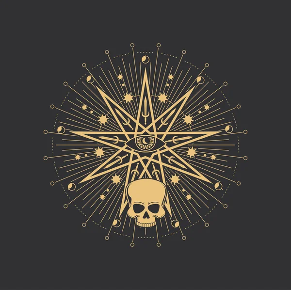 Pentagram Kouzelný Esoterický Kruh Okultní Hvězda Lebka Vektorový Symbol Tarotu — Stockový vektor