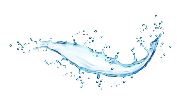 滴と青い水の波スプラッシュ 孤立した水の流れ 現実的なベクトル透明フロー 液体スプラッシュとアクア渦 広告のためのスプレー液滴 新鮮な飲料3Dデザイン要素と動的運動 — ストックベクタ