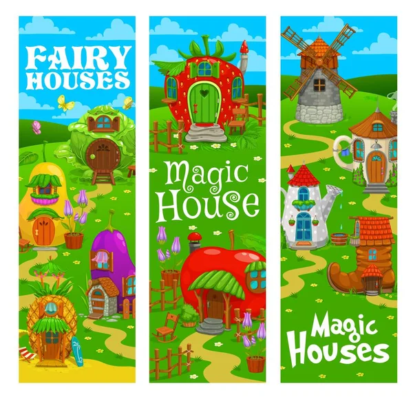 Casas Mágicas Contos Fadas Habitações Bandeiras Vetoriais Desenhos Animados Com — Vetor de Stock