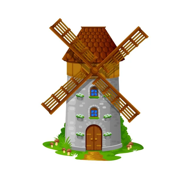 Windmill House Building Dwarf Dwelling Cartoon Vector Fairytale Elf House — Stock Vector