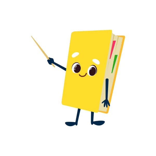 ポインタを持つ漫画の教科書の文字 孤立したベクトル教師や家庭教師の本は レッスン 重要な情報やプレゼンテーションを説明します かわいい黄色のノートや日記 幸せな子供たち教育の人格 — ストックベクタ