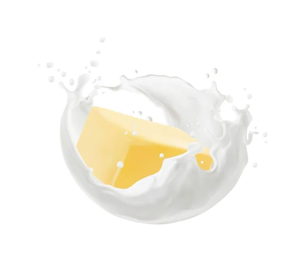 Manteiga Realista Salpicos Leite Vetor Realista Onda Branca Com Gotas — Vetor de Stock