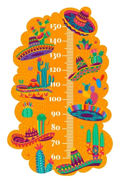 Dětský Výškový Graf Mexickým Sombrerem Kaktusy Měřič Růstu Dětí Školce — Stockový vektor