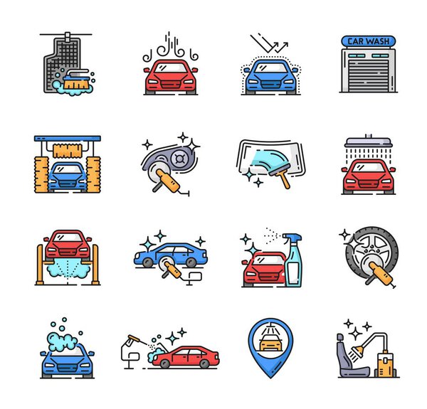 Car care icons, car wash and clean service, auto workshop vector symbols. Car care line icons, vehicle chair upholstery and windshield cleaning service, automotive washer station and tire detailing