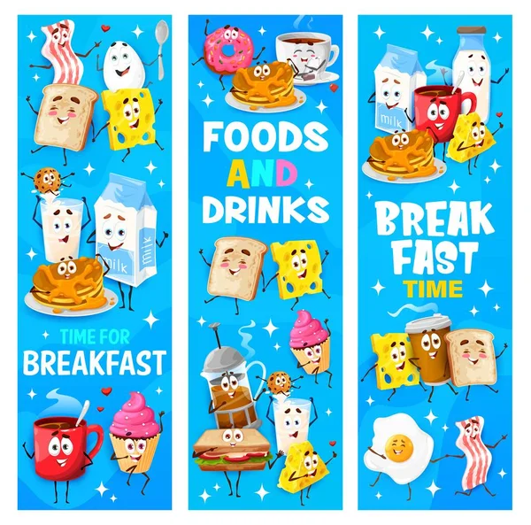 Dessin Animé Drôle Petit Déjeuner Personnages Nourriture Produits Laitiers Desserts — Image vectorielle