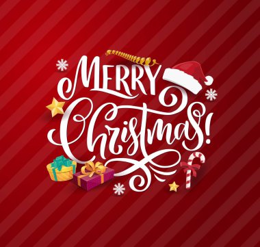 Noel hediyeleri ve tebrik kartı yazıları, vektör Xmas. Kış tatili çizgi filmleri hediye kutuları, Noel Baba kırmızı şapka ve şeker kamışları, kar taneleri, altın yıldızlar, şenlikli yılan flamaları ve kurdeleler.