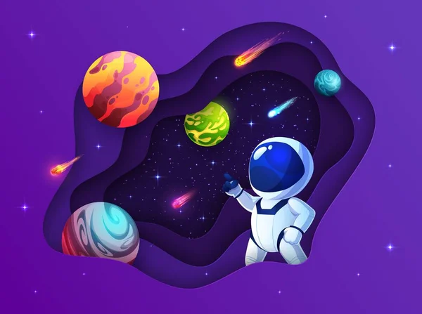 Papel Espacial Cortado Banner Com Astronauta Planetas Galáxias Exploração Universo — Vetor de Stock