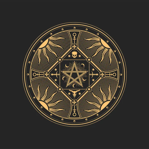 カルト記号 オカルト 錬金術と占星術のシンボル ペンタグラム星 太陽と月とお守り ベクトル神聖な宗教の神秘的な紋章 密教のアイコン — ストックベクタ