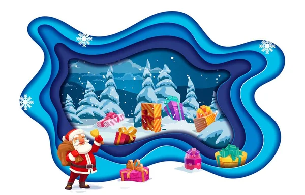 Weihnachten Papierschnitt Cartoon Weihnachtsmann Mit Geschenken Schnee Wald Vektor Urlaub — Stockvektor