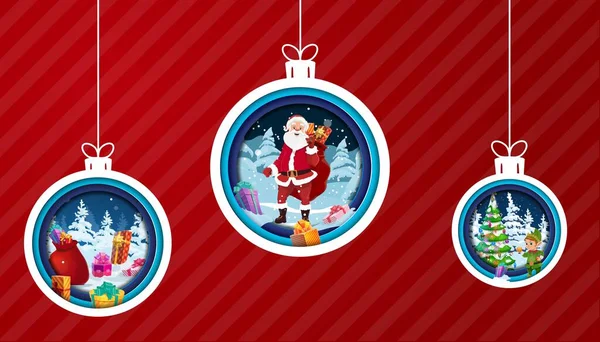クリスマスの紙は ベクトルサンタ クリスマスツリー 自己と贈り物でボールをカットします 冬の休日の漫画のキャラクタークラウスと層状の紙の箱とノームクリスマスの装飾フレーム — ストックベクタ