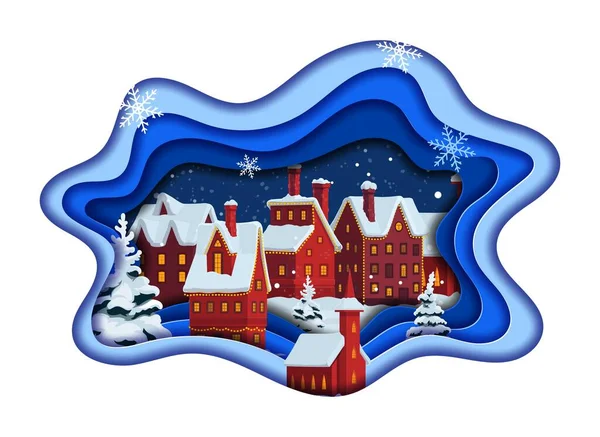 Χριστουγεννιάτικο Χαρτί Περικοπή Καρτούν Χιονισμένη Πόλη Στις Χειμερινές Διακοπές Διάνυσμα — Διανυσματικό Αρχείο