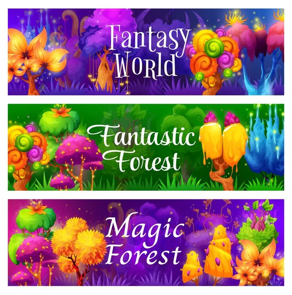 おとぎ話の森の中の幻想的で妖精の魔法の木や植物 ファンタジーウッドのエイリアンキノコと漫画ベクトル水平バナー 奇妙な植物や珍しい発光真菌を持つカードやブックマーク — ストックベクタ