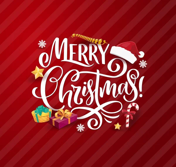 クリスマスプレゼントやグリーティングカードのレタリング ベクトルクリスマス 冬の休日の漫画プレゼントボックス サンタクロースの赤い帽子とキャンディーの杖 雪の結晶 金の星 お祝いの蛇行ストリーマーとリボン — ストックベクタ