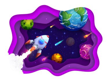 Space paper cut rocket spaceship in starry galaxy between planets and stars. Vector Earth and alien planets, shooting stars, meteors and asteroids with rocket or shuttle in layered papercut wavy frame clipart