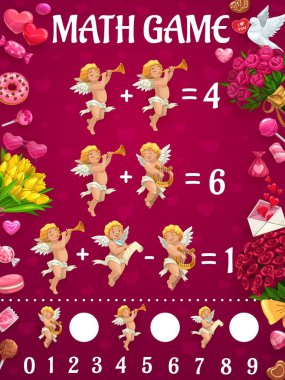 Matematik oyunu çalışma tablosu, Sevgililer Günü düğün Cupids bulmacaları. Aşk kalpleri, kırmızı gül çiçekleri, hediyeler ve şekerler çerçevesinde matematik egzersizleri ile çocukların eğitim etkinliği vektör testi oyunu