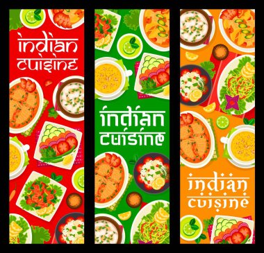 Hint mutfağı yemek afişleri. Körili tavuk, sebze salatası Bund Gobhi, Goan somon körisi, mısır lenti ve Badam Shorba çorbası, körili balık, Kedgeree ve domates salatası Kachumber.