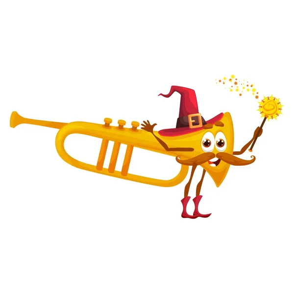 Tecknad Trumpet Trollkarl Karaktär Fantasi Musikaliska Blåsinstrument Bära Häxa Hatt — Stock vektor
