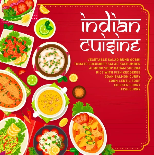 インド料理メニューはページテンプレートをカバーします ライス ケッジェ ゴーガン サーモン カレー バンド トマト キュウリ カタンバー — ストックベクタ