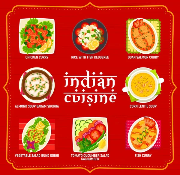Menú Cocina India Restaurante Comida Pollo Curry Ensalada Pepino Tomate — Vector de stock