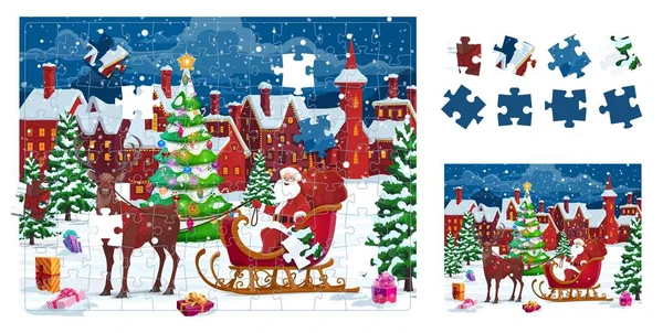 サンタそりとクリスマスの風景 ジグソーパズルゲーム作品 ベクトル論理迷路 空間思考を発達させる子供のためのワークシート 子供のための画像の謎のページの詳細を接続します — ストックベクタ