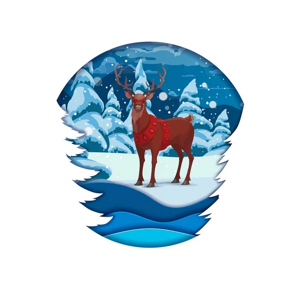 Weihnachtspapier Geschnitten Cartoon Weihnachtsmann Hirsch Verschneiten Wald Mit Schneeflocken Vector — Stockvektor