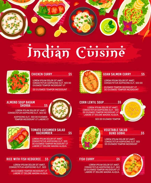 Szablon Menu Kuchni Indyjskiej Curry Kurczaka Ryż Kedgeree Łosoś Goański — Wektor stockowy