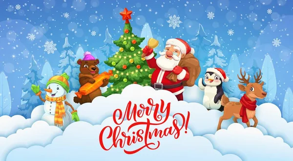 Papel Natal Cortou Banner Com Neve Papai Noel Personagens Férias — Vetor de Stock