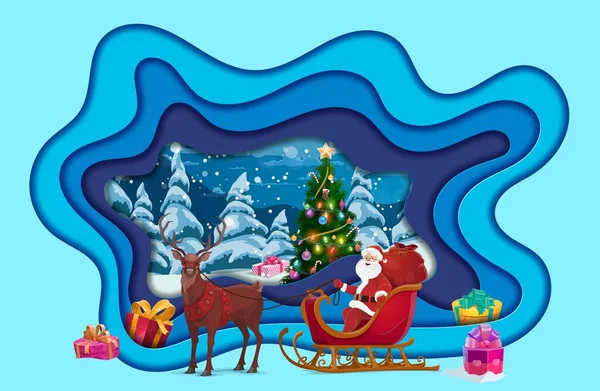 Weihnachtsgeschnittenes Papier Mit Weihnachtsmann Schlitten Weihnachtsbaum Und Weihnachtsgeschenken Vector Winterurlaub — Stockvektor