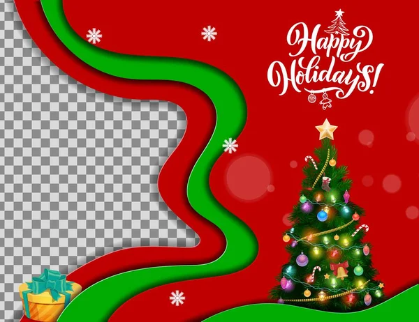 Cadre Coupe Papier Noël Avec Sapin Cadeau Vecteur Vacances Hiver — Image vectorielle