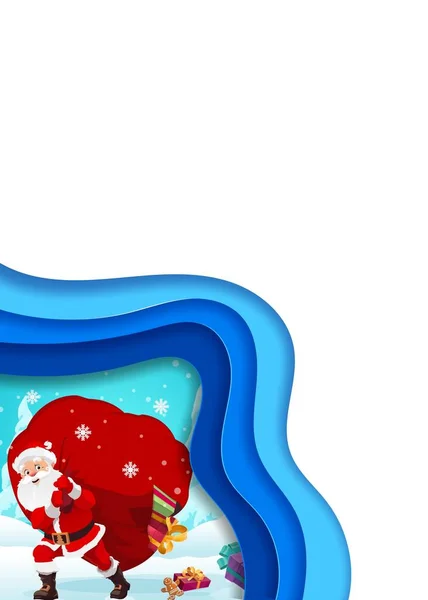 Weihnachtsgeschnittenes Plakat Weihnachtsmann Mit Geschenktüte Winterwald Vektor Feiertagshintergrund Grußkarte Papierschnitt — Stockvektor