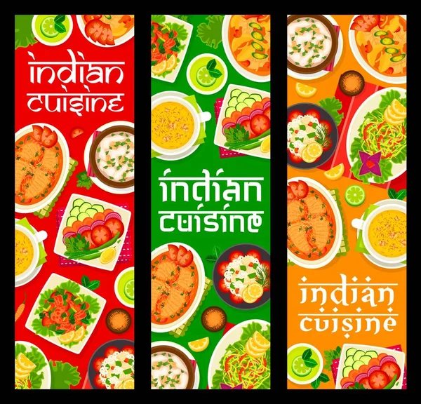 Kuchnia Indyjska Restauracja Posiłki Banery Kurczak Curry Sałatka Warzywna Bund — Wektor stockowy