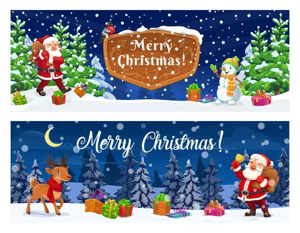 크리스마스 플래카드에는 눈덮인 산타와 사슴이 그려져 아버지 카드와 전나무와 내리는 — 스톡 벡터
