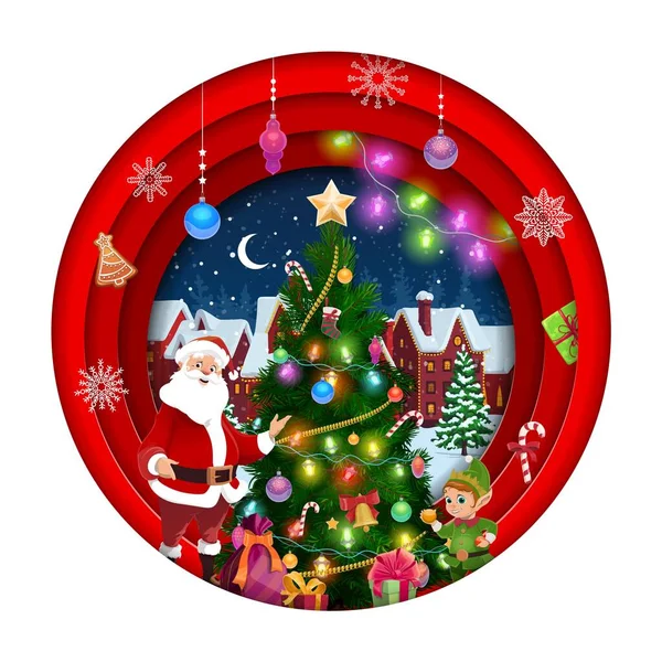 圣诞纸切桑塔 假日树和雪城 矢量圣诞节纸巾双展布设计3D效果圆形框架 爸爸穿红色服装 小精灵穿雪装 — 图库矢量图片