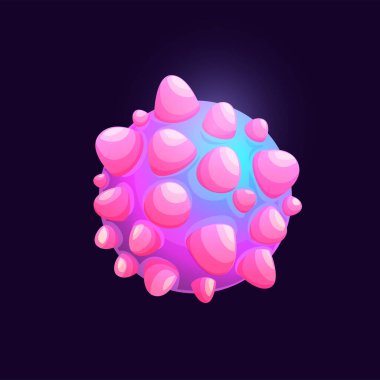 Volkan yüzeyi olan pembe galaksi uzay gezegeni. Uzay bilimkurgu dünyası mı yoksa galaksiler arası fantezi dünyası mı? Oyun kullanıcı arayüzü çizgi film gezegen simgesi, dünya dışı canlı organizma veya hücre