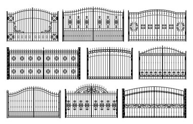 Konağın demir kapıları. Viktorya döneminden kalma çelik çitler, park ya da konak metali girişi. Demir kafes, Victoria malikanesi çiçek desenli vektör silueti koleksiyonu ile yapılmış kapılar.