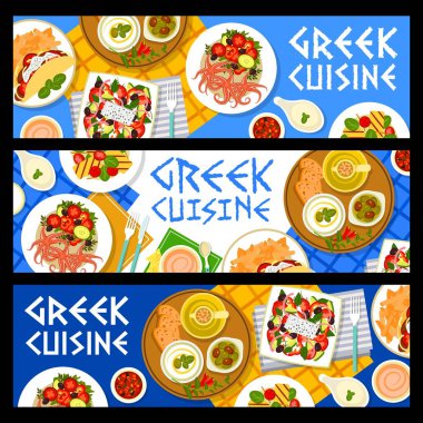 Yunan mutfak afişleri, Yunanistan gıda yemekleri ve Akdeniz menüsü, vektör. Yunan restoranı otantik gurme mutfak yemekleri, salatalar ve halloumi peynirli tzatziki sosu.
