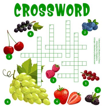 Üzüm ve böğürtlen bulmaca çalışma tablosu, bir kelime sınavı oyunu bul. Kırmızı kuşüzümü, yaban mersini, kiraz, çilek, ahududu, böğürtlen, kuşüzümü yapboz ızgarası içeren çizgi film vektör çapraz kelimesi