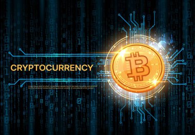 Bitcoin şifreleme döviz bayrağı. Kripto para birimi cüzdan arkaplanı ya da duvar kağıdı, bitcoin madencilik vektör arkaplanı ya da afiş. Elektronik para kapağı altın sikke, anakart izi, ikili kod