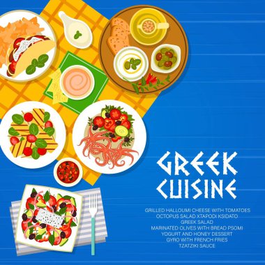 Yunan mutfağı menü kapağı, Yunanistan yemekleri, Akdeniz salataları, vektör. Yunan mutfağı peyniri, tzatziki ve yemek tabakları, Yunanistan 'ın otantik restoranı geleneksel halloumi ve gurme deniz ürünleri öğle yemeği