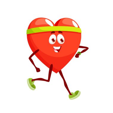 Karikatür, kalp ritmi takip cihazı olan bir karakter. Spor egzersizleri ya da maraton koşuları sırasında saç bandı ve spor ayakkabısı kontrollü atımlarda izole vektör atlet organı. Güçlü, sağlıklı kalp sporcusu.