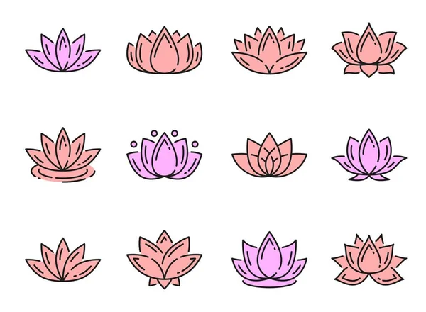 Farbige Umrisse Lotussymbole Yoga Und Meditationsblumen Vektor Florale Symbole Rosafarbene — Stockvektor