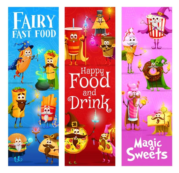 Cartoon Grappige Fast Food Mage Tovenaar Personages Vector Banners Kinderen — Stockvector