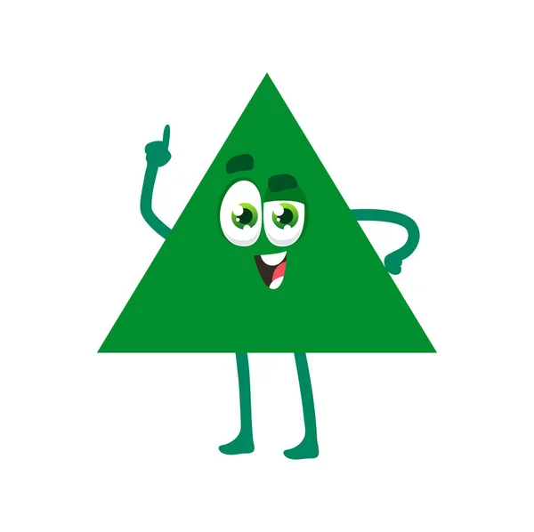 三角形の文字 三角形の幾何学的形状 数値の人物像 独立したベクトル面白い要素とスマートな顔 かわいい緑の教育生物は子供を教える 学校数学幾何学教室 — ストックベクタ