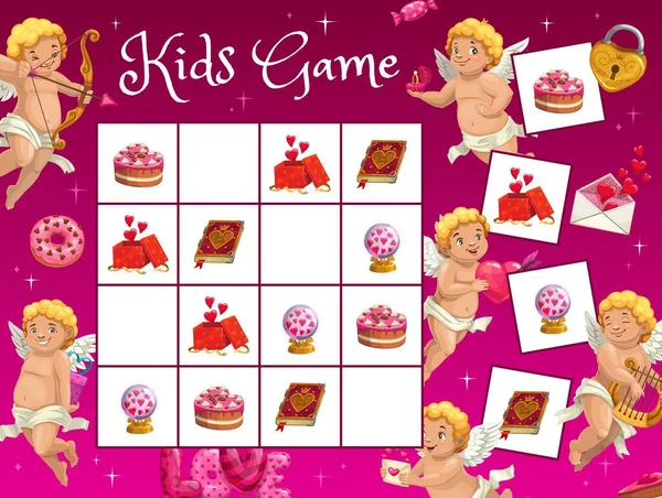 Sudoku儿童游戏 卡通人物丘比特天使和假日物品 矢量拼图工作表 须户谜语网格找到和匹配有趣的情人节丘比特天使与爱的礼物 气球和巧克力蛋糕 — 图库矢量图片