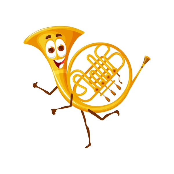 卡通人物法国号角乐器孤立的矢量铜管 音乐学校 儿童教育课程或音乐会表演的人物 笑容满面的小号 — 图库矢量图片
