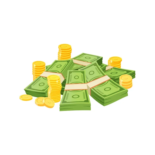 Cartoon Money Heap Dollar Banknotes Golden Coin Stacks Isolated Vector — Stock Vector