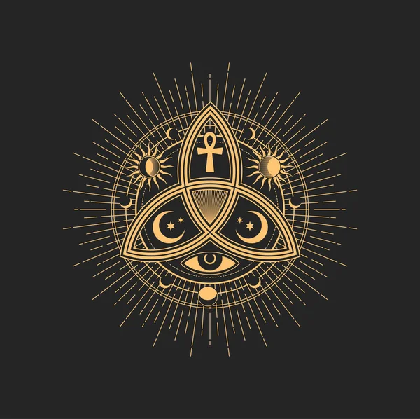 十字架と月 目と太陽 エジプトの十字と魔法のタロットのマソンサイン オカルト記号 オカルト 錬金術と占星術のシンボル 神聖な宗教の神秘的なエンブレム — ストックベクタ