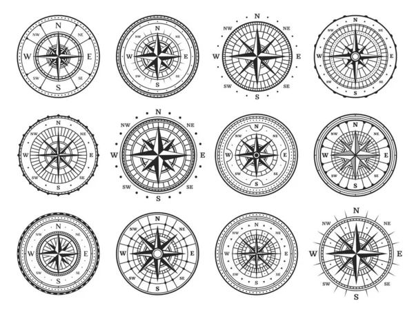 Старый Компас Винтажная Карта Розы Ветра Векторное Направление Навигационные Иконки — стоковый вектор
